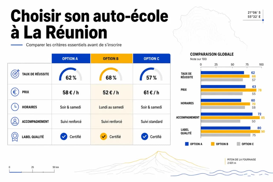 Comment bien choisir son auto-école à La Réunion : comparaison visuelle des critères prix, taux de réussite et flexibilité