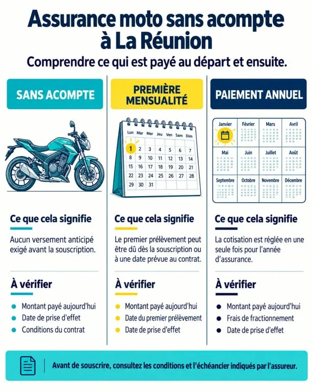 Assurance moto sans acompte à La Réunion : différence entre acompte, première mensualité et paiement annuel