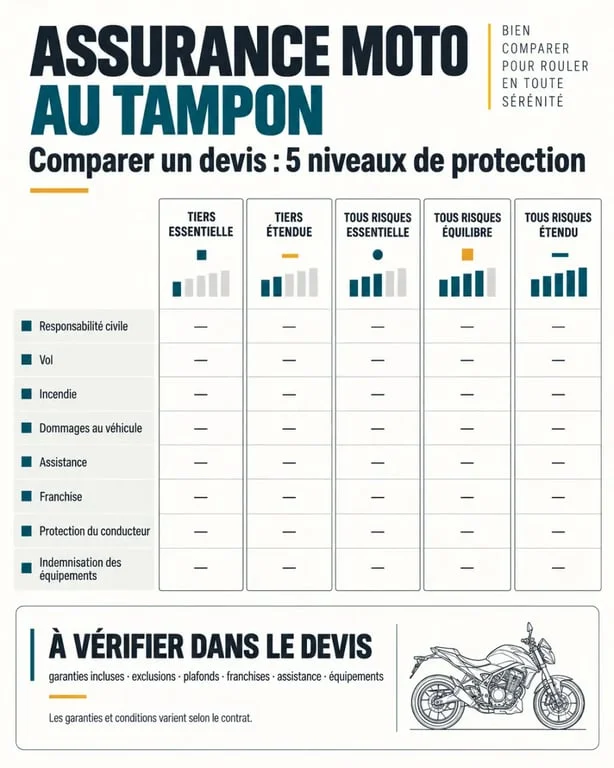 Infographie pour comparer un devis d’assurance moto au Tampon selon les niveaux de garanties