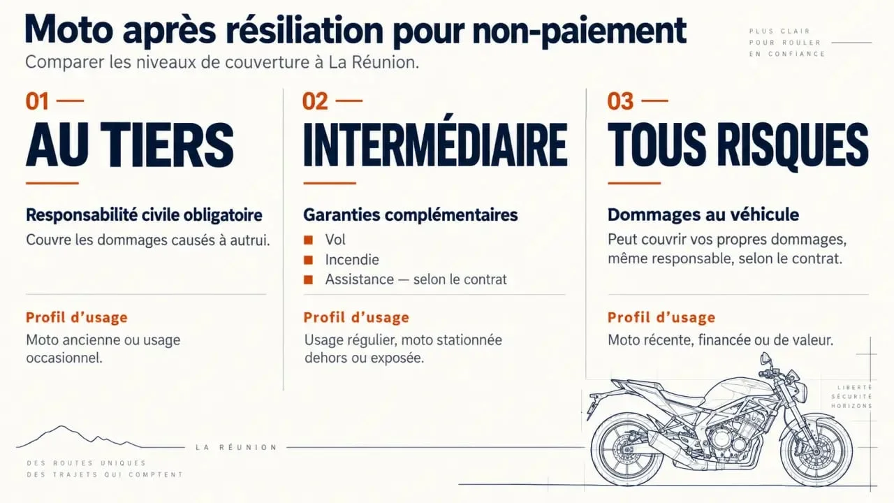Assurance moto résilié non paiement Réunion : comparaison des formules au tiers, intermédiaire et tous risques
