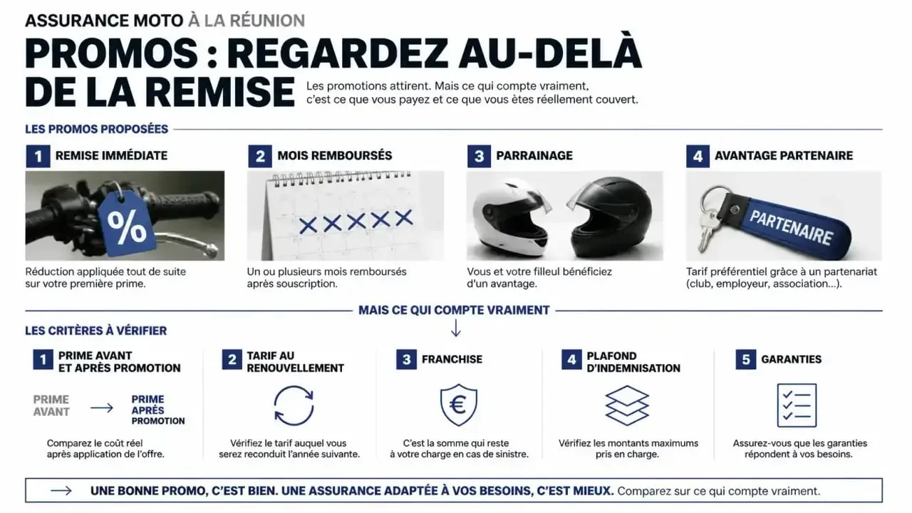 Infographie sur une promo assurance moto à La Réunion et les garanties à vérifier