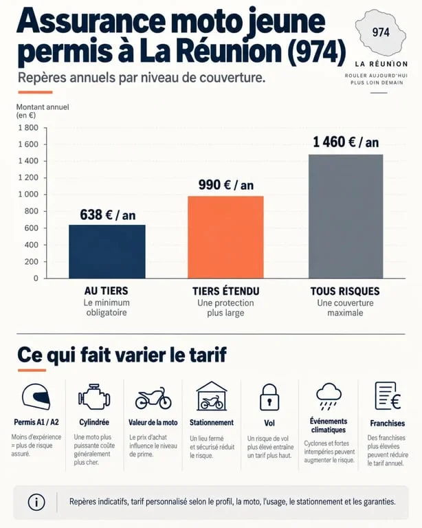 Infographie sur le tarif assurance moto jeune permis 974 selon la formule et les garanties