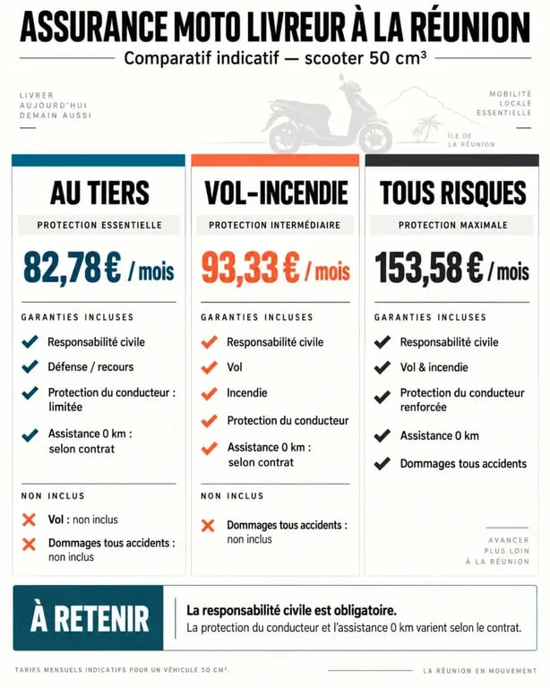 Infographie sur l’assurance moto livreur à La Réunion et les formules au tiers, vol-incendie et tous risques