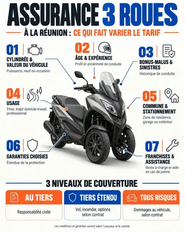Schéma des facteurs qui influencent le tarif d’une assurance 3 roues à La Réunion