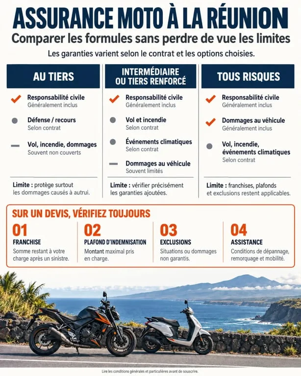 Infographie du comparateur assurance moto 974 sur les formules et garanties à vérifier