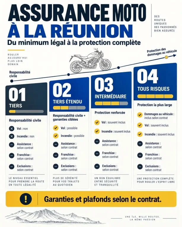 Infographie du tarif assurance moto 974 et des niveaux de garanties du tiers au tous risques