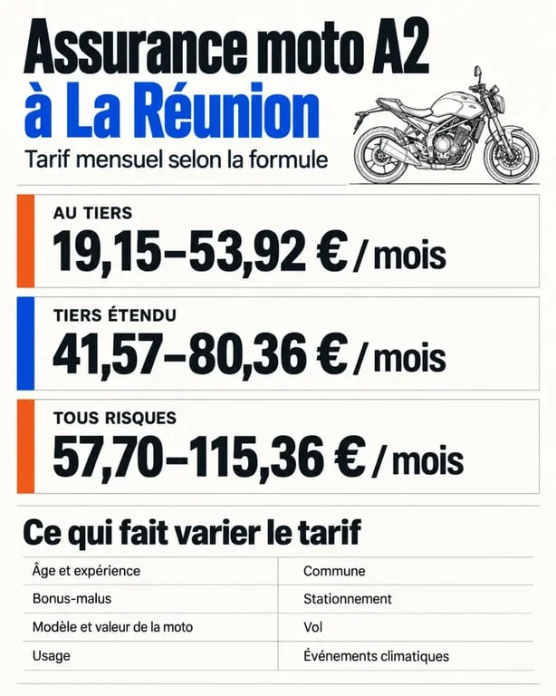 Infographie sur le tarif d’une assurance moto A2 à La Réunion selon la formule et le profil