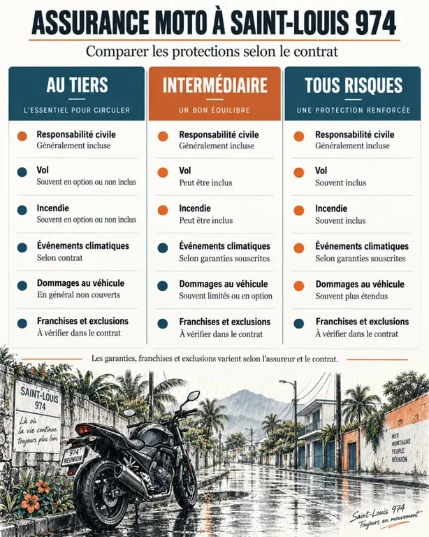 Assurance moto Saint-Louis 974 tarif : comparaison visuelle des formules au tiers, intermédiaire et tous risques