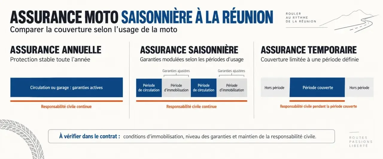 Infographie sur l’assurance moto saisonnière à La Réunion et la différence avec les assurances annuelle et temporaire