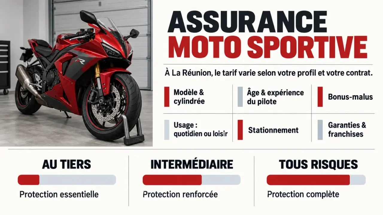 Infographie sur le tarif d’une assurance moto sportive à La Réunion et les facteurs qui influencent la prime