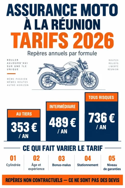 Infographie du tarif assurance moto à La Réunion en 2026 selon la formule et le profil
