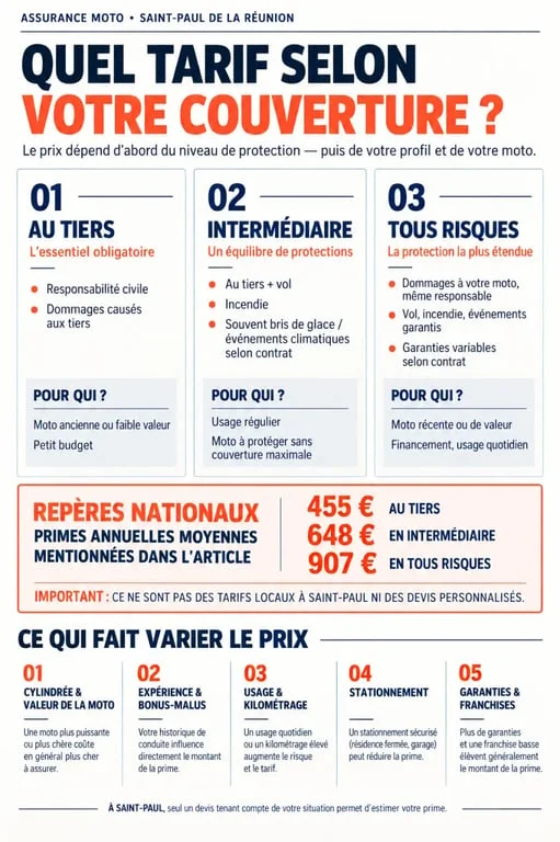 Infographie sur le tarif d’une assurance moto à Saint-Paul et les niveaux de garanties