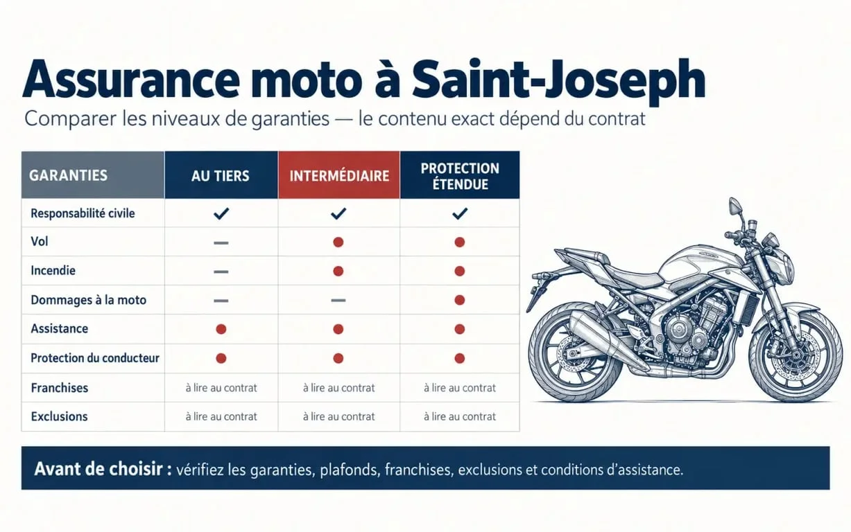 Infographie sur le tarif d’assurance moto à Saint-Joseph et les niveaux de garanties