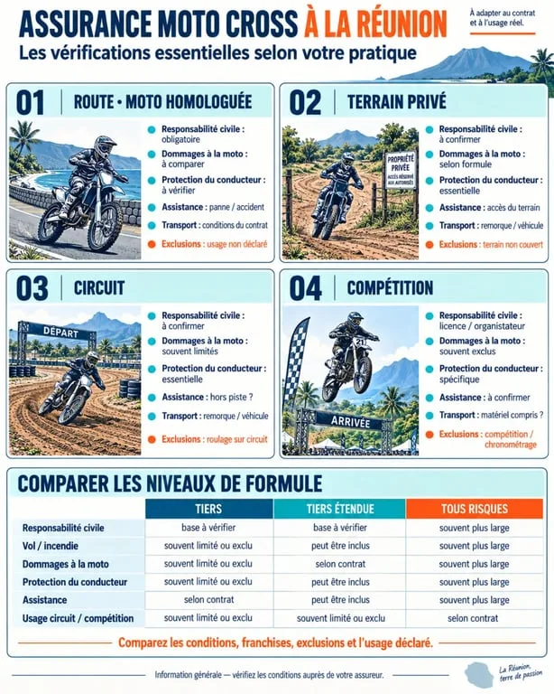 Infographie sur l’assurance moto cross à La Réunion selon l’usage et le niveau de couverture
