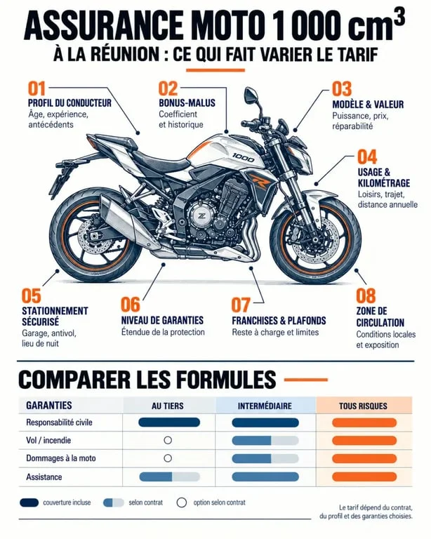 Infographie sur le tarif d’une assurance moto 1 000 cm³ à La Réunion et les facteurs qui le font varier