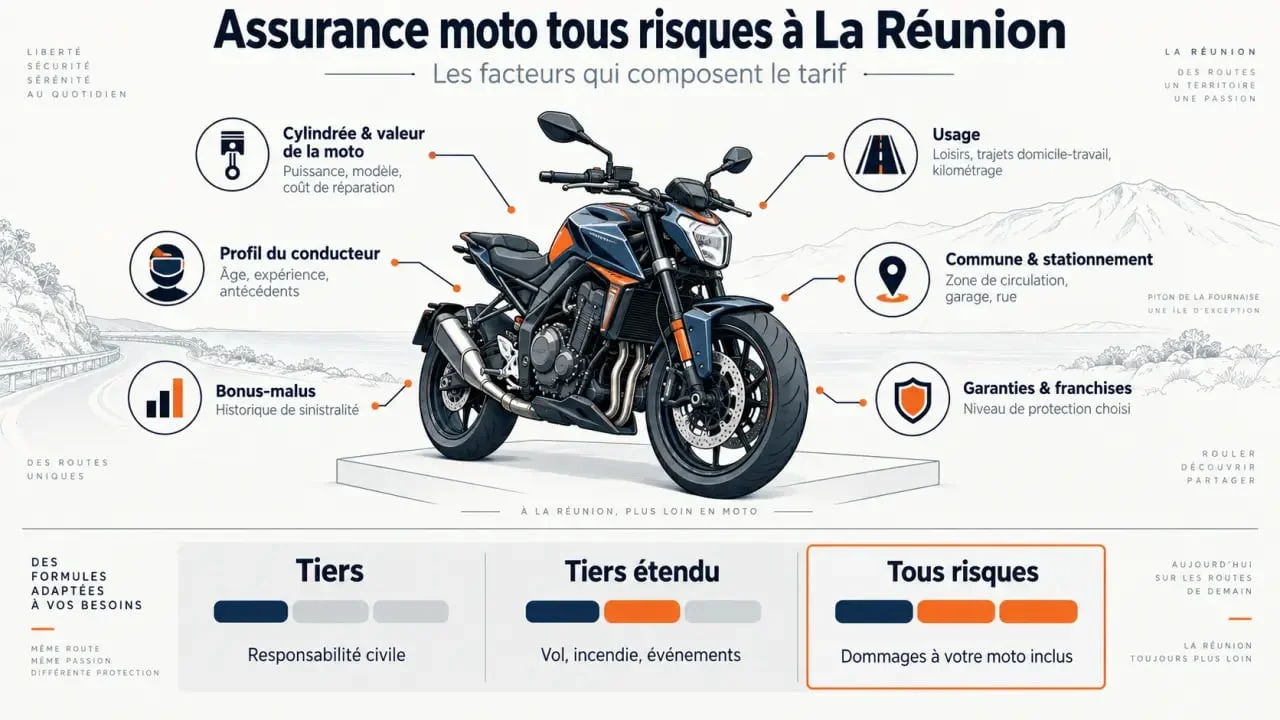 Tarif assurance moto tous risques Réunion : facteurs de prix, garanties et franchises