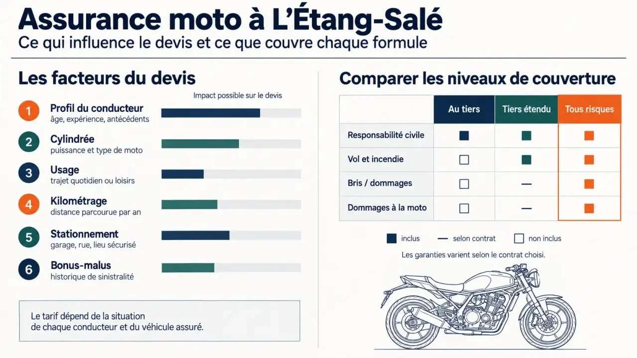 Infographie sur le tarif d’une assurance moto à L’Étang-Salé et les niveaux de couverture