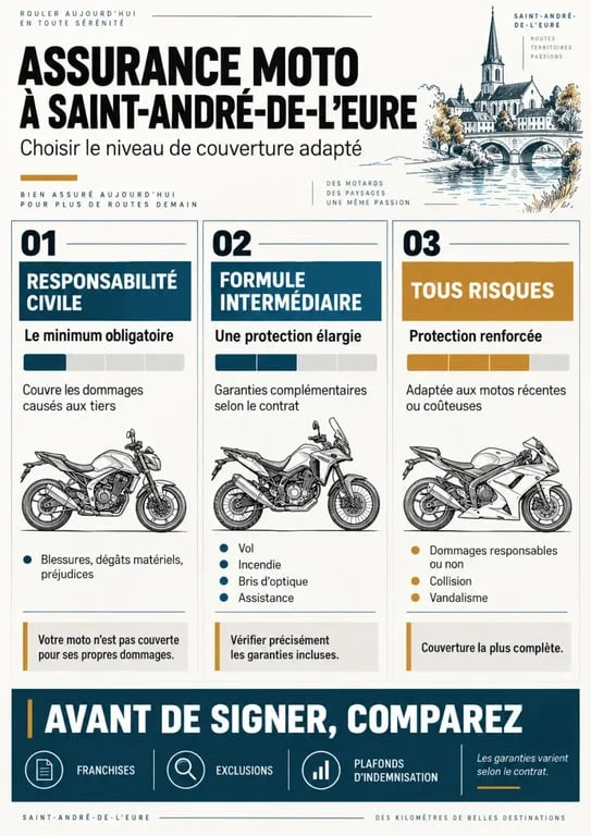 Infographie sur le prix d’une assurance moto à Saint-André-de-l’Eure et les niveaux de garanties