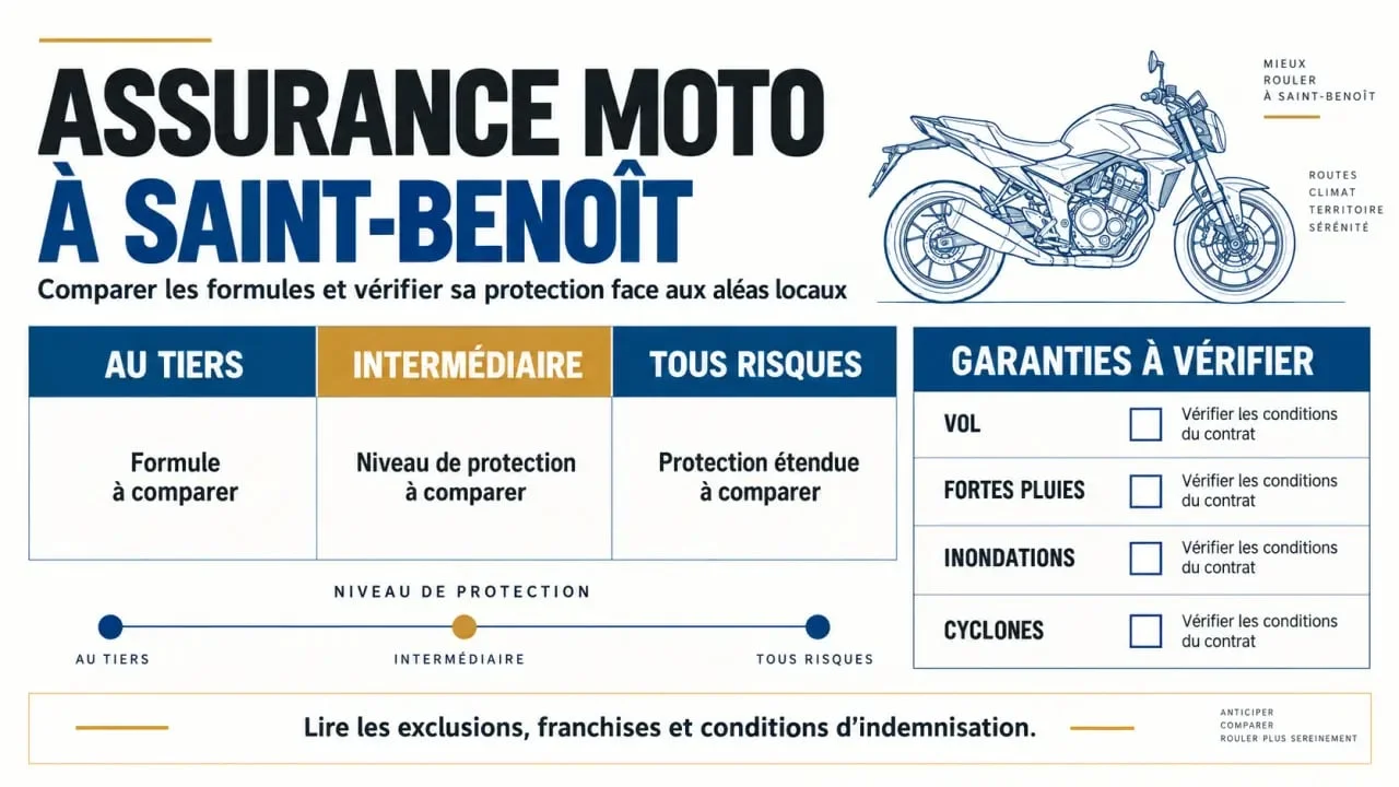 Infographie comparative pour un devis d'assurance moto à Saint-Benoît selon les formules et les risques locaux