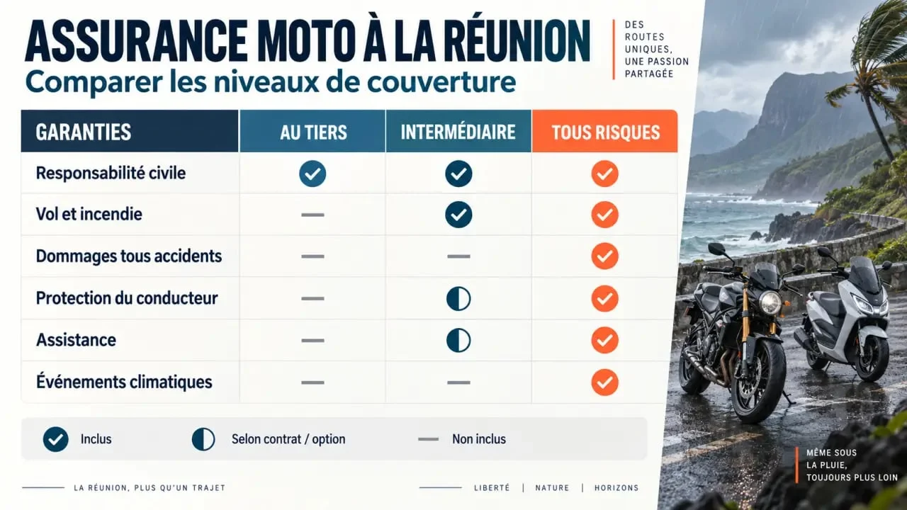 Infographie du comparatif assurance moto Réunion entre formules au tiers, intermédiaire et tous risques