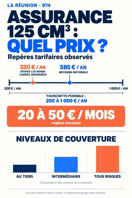 Infographie sur le prix assurance 125 cm3 974 et les niveaux de couverture