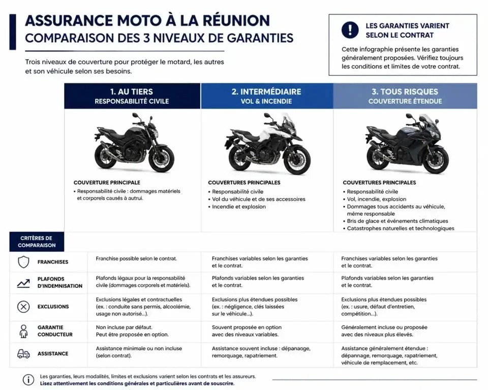 Infographie sur l’assurance moto pas chère 974 et les différences entre les formules au tiers, intermédiaire et tous risques