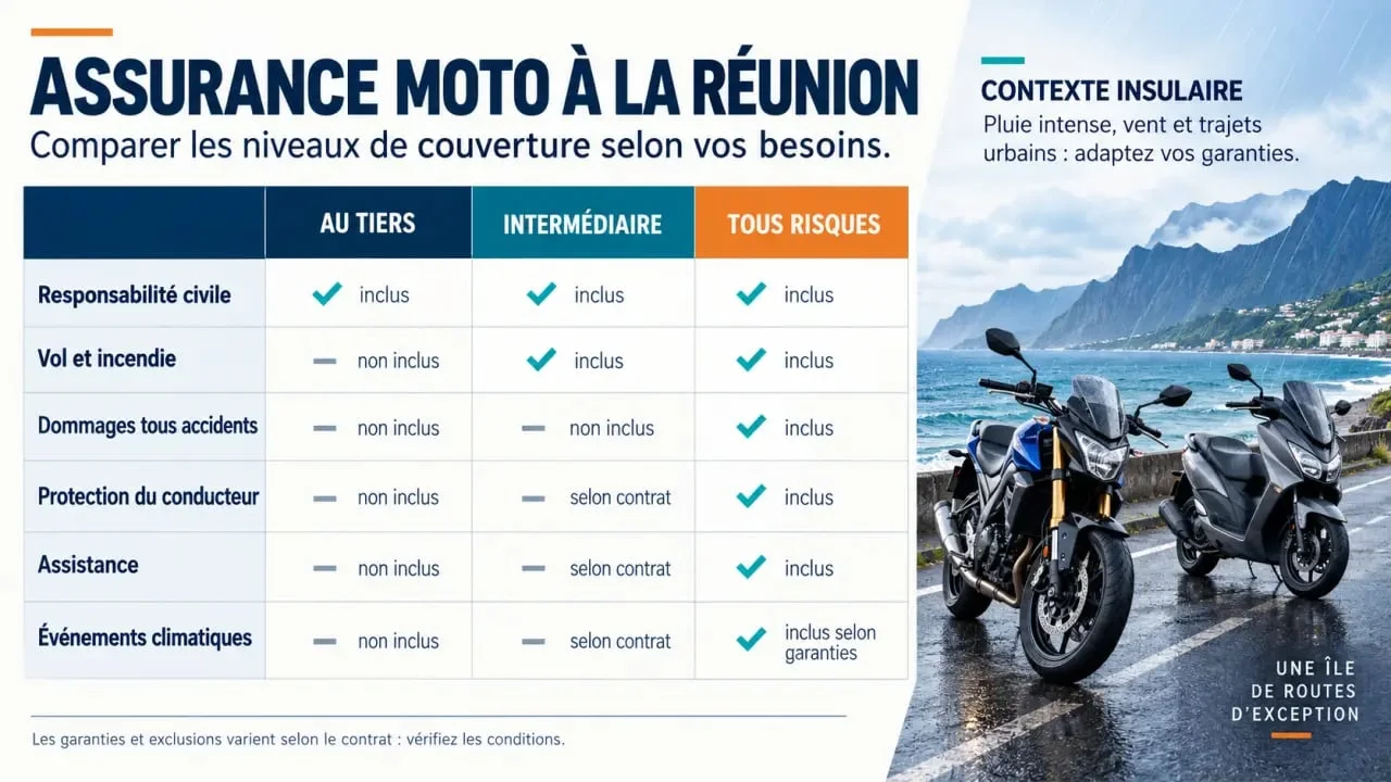 Infographie du comparatif assurance moto Réunion entre formules au tiers, intermédiaire et tous risques