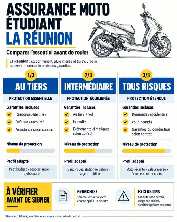 Assurance moto étudiant à La Réunion : comparaison des formules au tiers, intermédiaire et tous risques