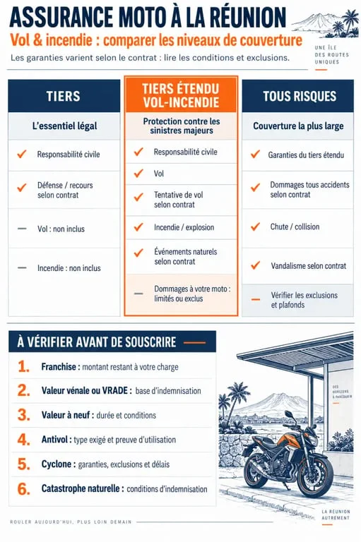 Infographie sur l’assurance moto vol et incendie à La Réunion : garanties, franchises et conditions d’indemnisation