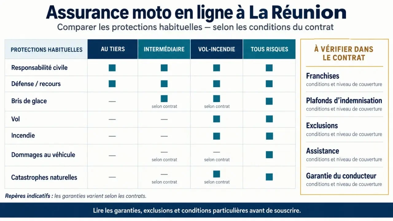 Assurance moto en ligne à La Réunion : comparaison visuelle des formules et garanties
