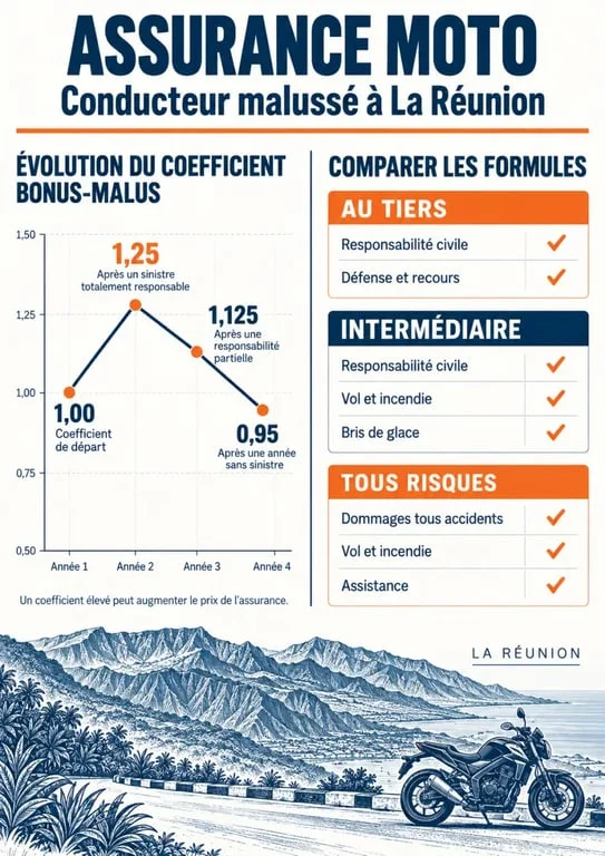 Infographie sur l’assurance moto malussé à La Réunion et le calcul du bonus-malus
