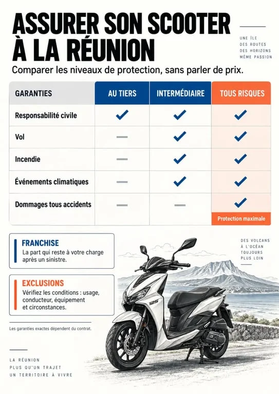 Infographie sur le devis assurance scooter 974 et les formules tiers, intermédiaire et tous risques