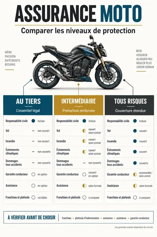 Infographie pour souscrire assurance moto Réunion : comparaison des niveaux de garanties