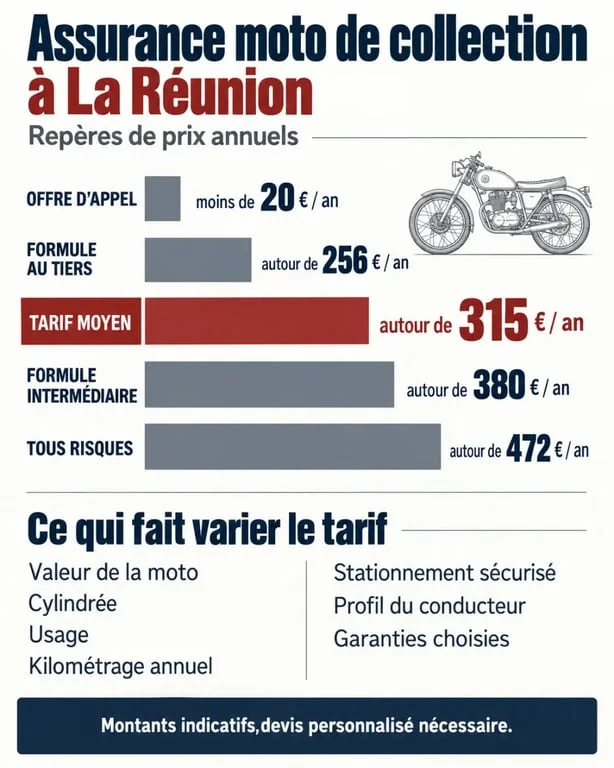 Infographie sur le tarif d'une assurance moto de collection à La Réunion et les facteurs de prix