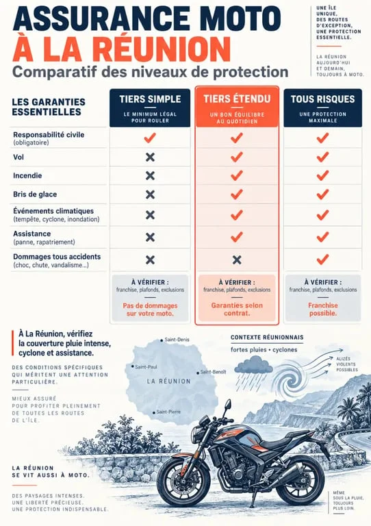 Assurance moto tiers étendu Réunion : comparaison des garanties entre tiers simple, tiers étendu et tous risques
