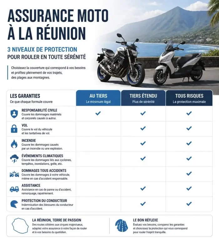 Infographie sur les formules d’assurance moto à La Réunion et leurs garanties