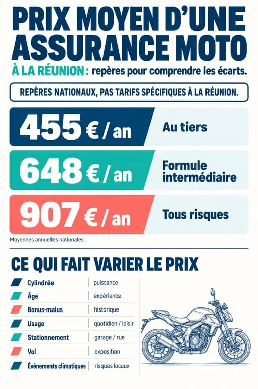 Infographie sur le prix moyen assurance moto réunion et les facteurs qui influencent le tarif