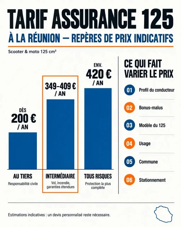 Infographie sur le tarif assurance 125 Réunion et les différences entre les niveaux de garanties
