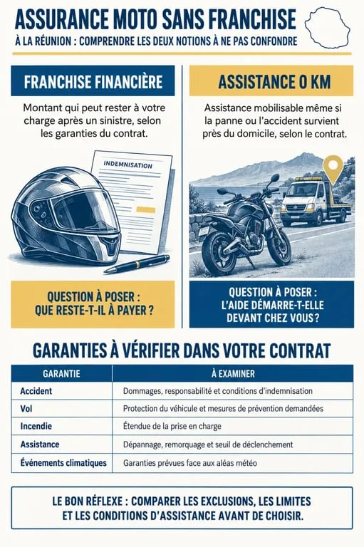 Infographie sur l’assurance moto sans franchise à La Réunion et la différence entre franchise financière et franchise kilométrique