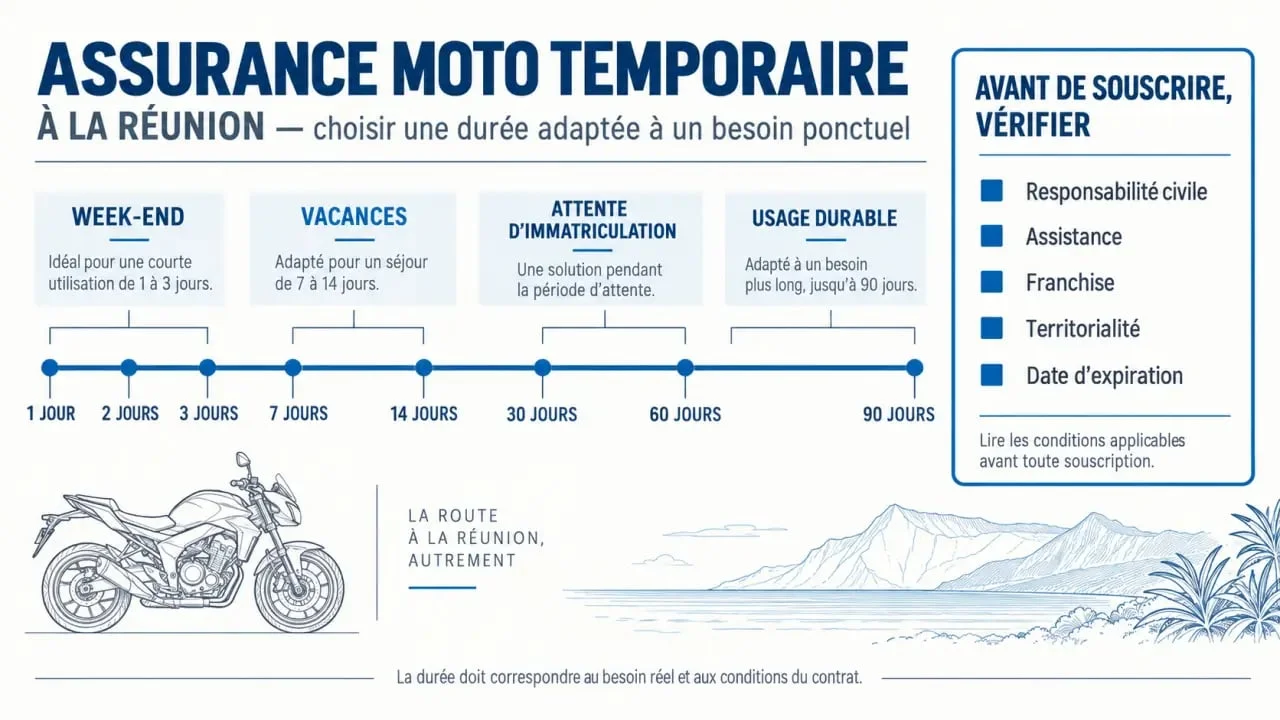 Infographie sur l’assurance moto temporaire à La Réunion, de 1 à 90 jours