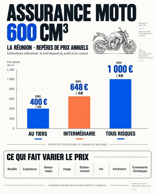 Infographie du prix d’une assurance moto 600 à La Réunion selon les formules et les facteurs de tarif