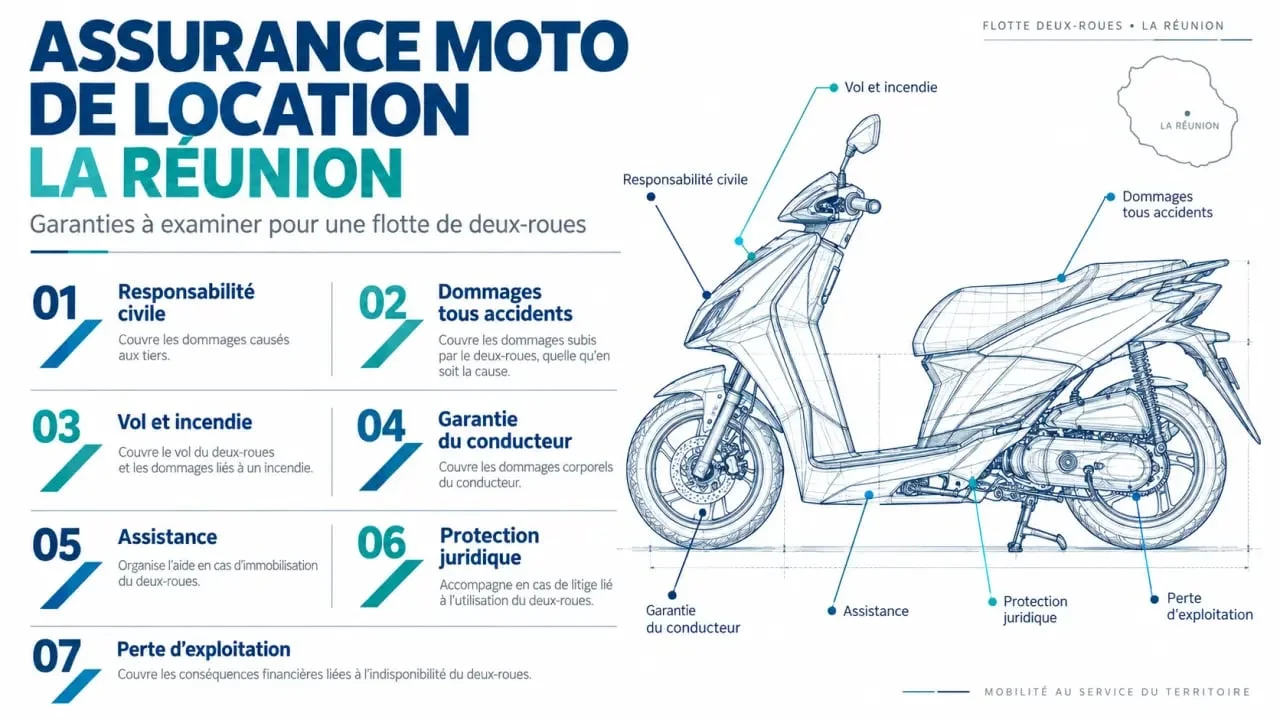 Infographie des garanties d’assurance moto location Réunion pour une flotte de scooters et motos