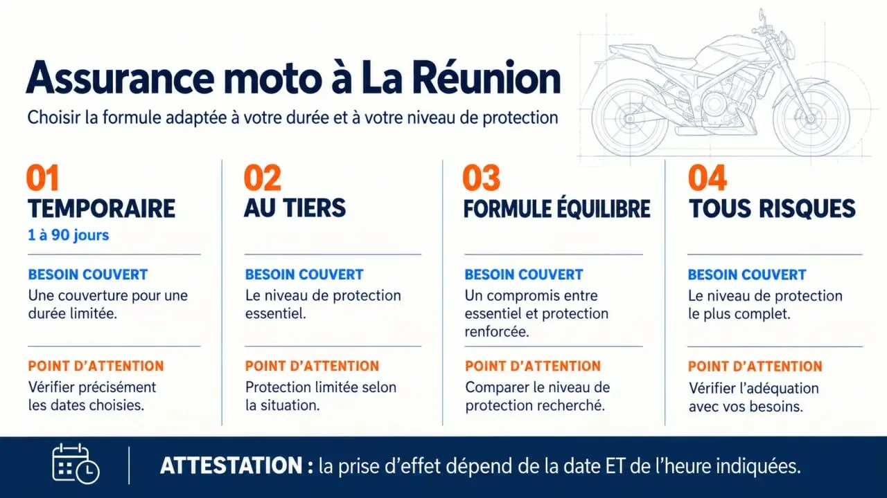 Infographie sur l’attestation assurance moto immédiate à La Réunion et les formules temporaire, tiers, équilibre et tous risques