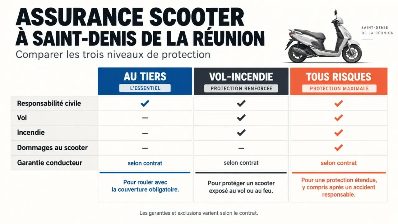 Infographie comparative sur l’assurance scooter Saint-Denis pas cher et les niveaux de garanties