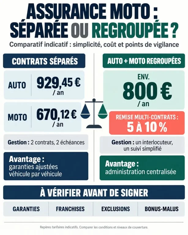 Infographie sur le tarif d’une assurance moto entre-deux et la comparaison entre contrats séparés et assurance auto-moto regroupée