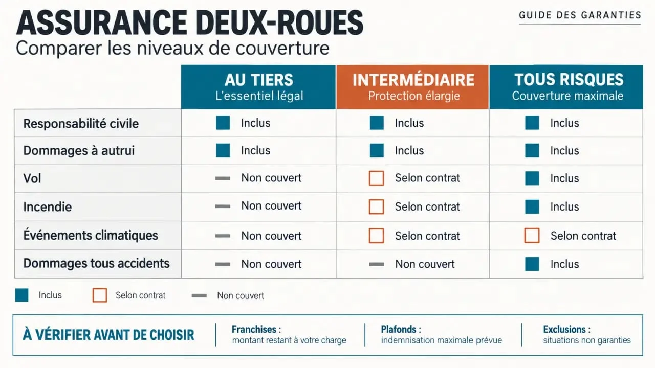 Offre assurance moto Réunion : comparaison visuelle des formules au tiers, intermédiaire et tous risques