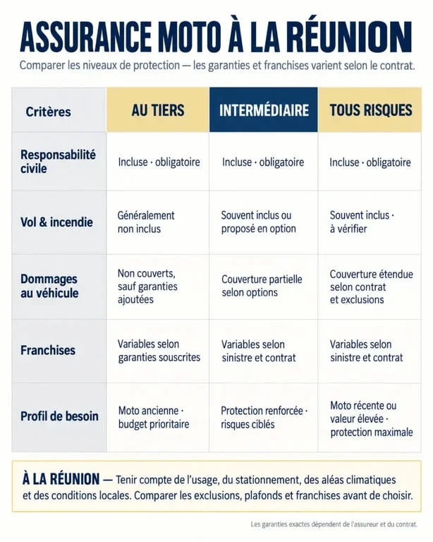 Infographie sur le devis assurance moto en ligne à La Réunion et les formules au tiers, intermédiaire et tous risques