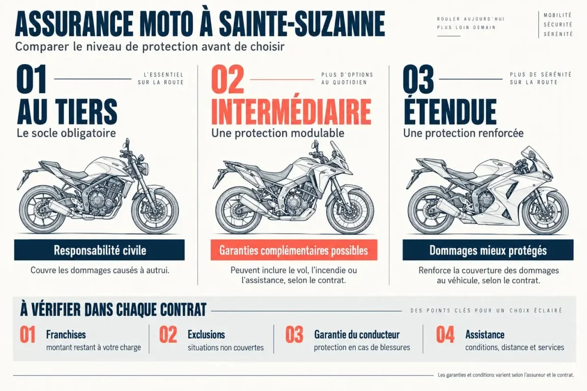 Infographie sur les niveaux de couverture d’un devis d’assurance moto à Sainte-Suzanne
