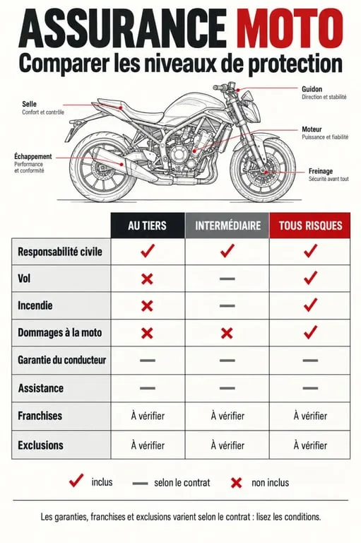 Infographie comparative pour un devis d’assurance moto à Bras-Panon selon les formules au tiers, intermédiaire et tous risques