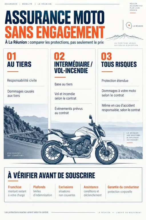 Infographie sur l’assurance moto sans engagement à La Réunion et les niveaux de garanties